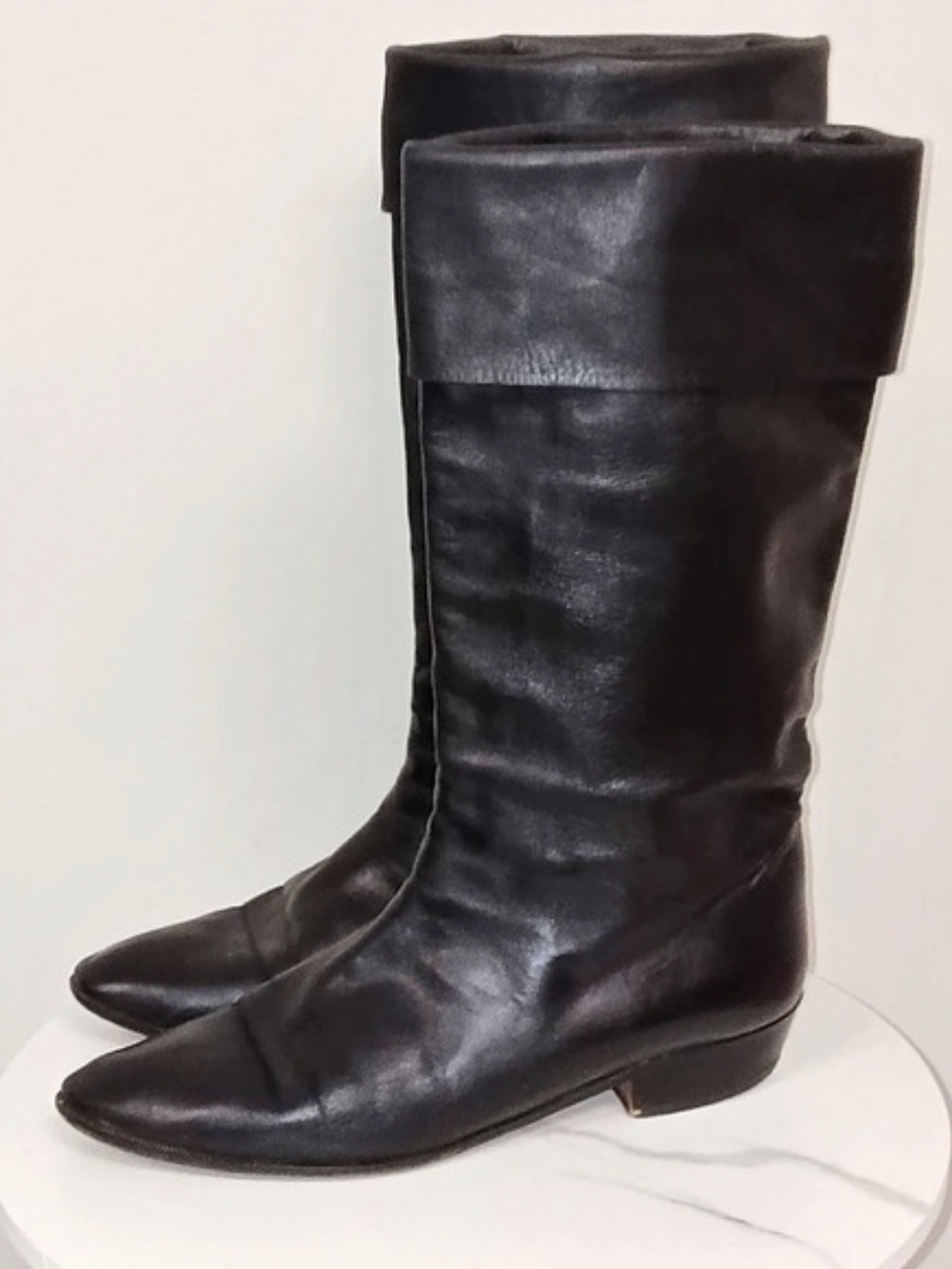 Vintage 90's Anne Klein Black Leather Fold Over Slouch Flat Boots Women's 10